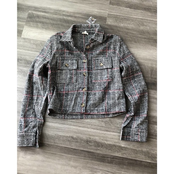 Dee Elle Plaid Jacket Wool S Boxy Coat Gray Black Red - Picture 1 of 5